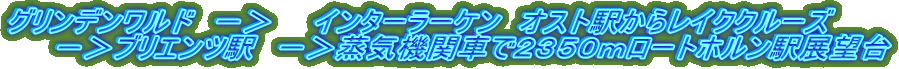 グリンデンワルド −> インターラーケン オスト駅からレイククルーズ
−>ブリエンツ駅 −>蒸気機関車で2350mロートホルン駅展望台